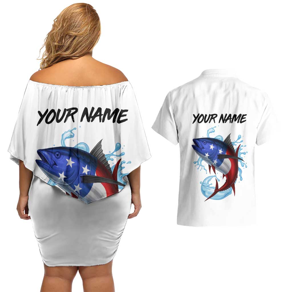 American Flag Tuna Fish Couples Matching Off Shoulder Short Dress and Hawaiian Shirt Custom Splashing Water on White and Black Contrast - Wonder Print Shop