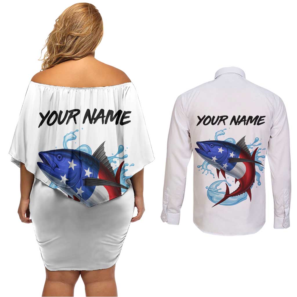 American Flag Tuna Fish Couples Matching Off Shoulder Short Dress and Long Sleeve Button Shirt Custom Splashing Water on White and Black Contrast - Wonder Print Shop