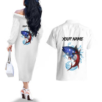 American Flag Tuna Fish Couples Matching Off The Shoulder Long Sleeve Dress and Hawaiian Shirt Custom Splashing Water on White and Black Contrast - Wonder Print Shop