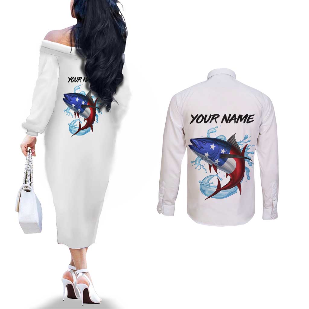 American Flag Tuna Fish Couples Matching Off The Shoulder Long Sleeve Dress and Long Sleeve Button Shirt Custom Splashing Water on White and Black Contrast - Wonder Print Shop