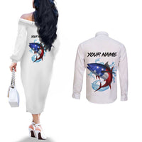 American Flag Tuna Fish Couples Matching Off The Shoulder Long Sleeve Dress and Long Sleeve Button Shirt Custom Splashing Water on White and Black Contrast - Wonder Print Shop