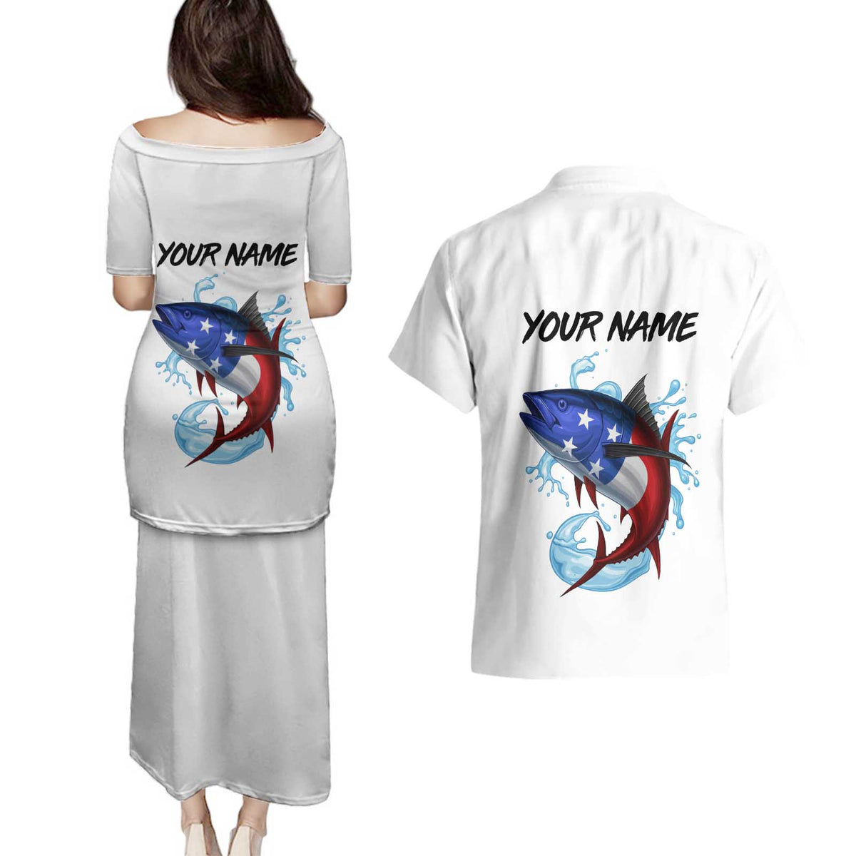 American Flag Tuna Fish Couples Matching Puletasi and Hawaiian Shirt Custom Splashing Water on White and Black Contrast - Wonder Print Shop