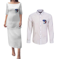 American Flag Tuna Fish Couples Matching Puletasi and Long Sleeve Button Shirt Custom Splashing Water on White and Black Contrast - Wonder Print Shop