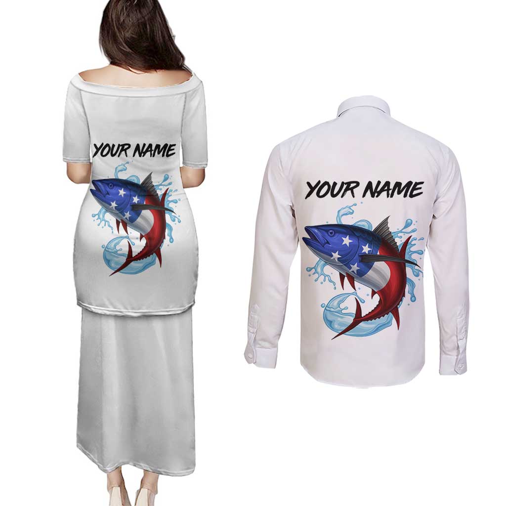 American Flag Tuna Fish Couples Matching Puletasi and Long Sleeve Button Shirt Custom Splashing Water on White and Black Contrast - Wonder Print Shop