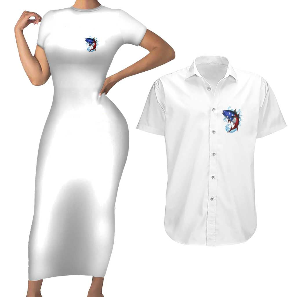 American Flag Tuna Fish Couples Matching Short Sleeve Bodycon Dress and Hawaiian Shirt Custom Splashing Water on White and Black Contrast - Wonder Print Shop