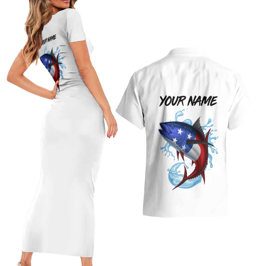 American Flag Tuna Fish Couples Matching Short Sleeve Bodycon Dress and Hawaiian Shirt Custom Splashing Water on White and Black Contrast - Wonder Print Shop