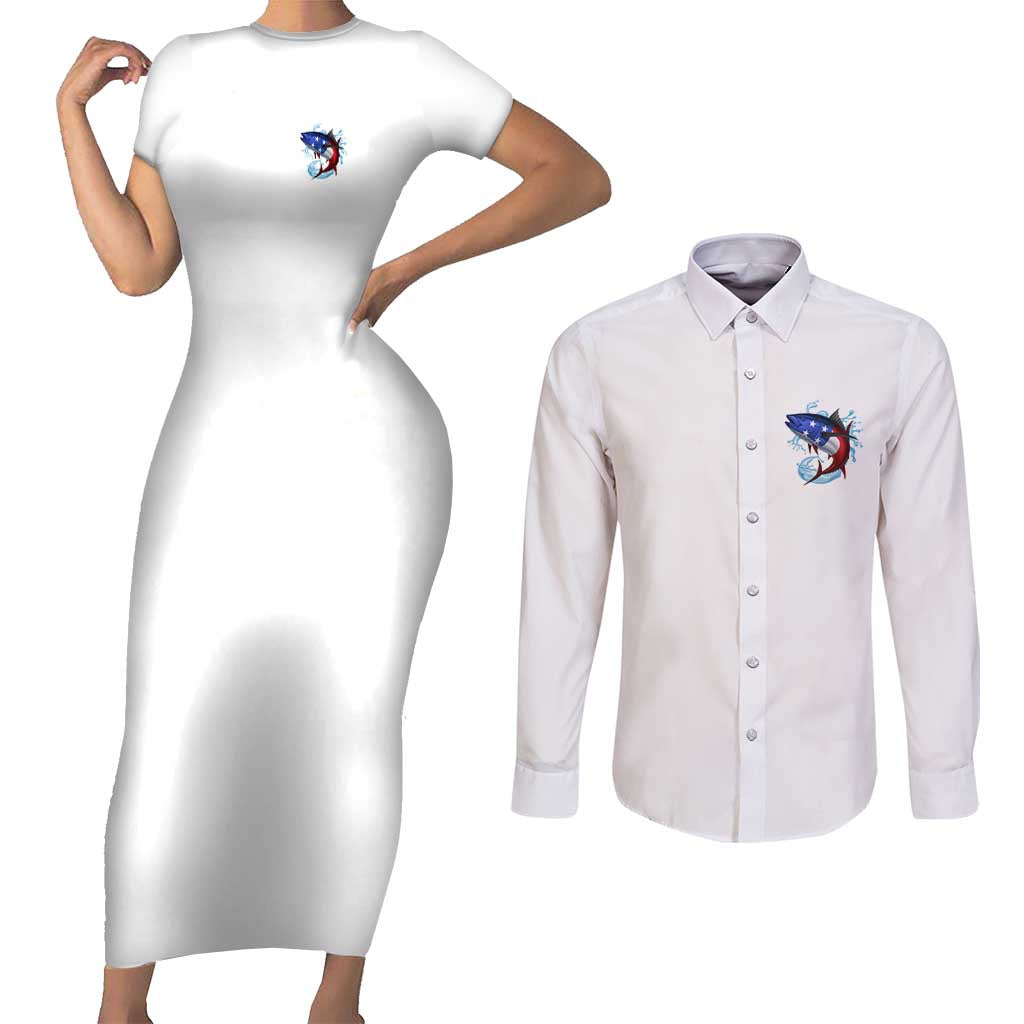American Flag Tuna Fish Couples Matching Short Sleeve Bodycon Dress and Long Sleeve Button Shirt Custom Splashing Water on White and Black Contrast - Wonder Print Shop