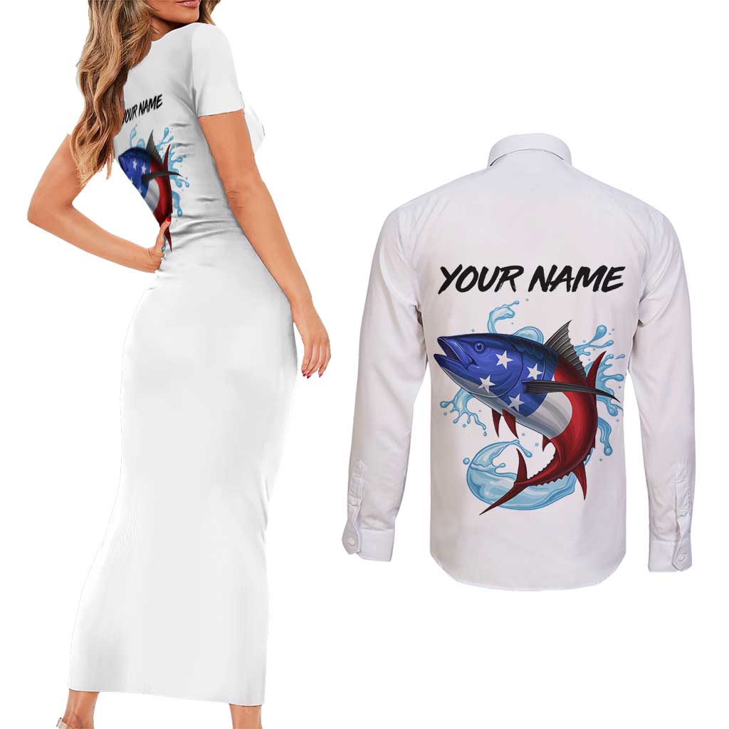 American Flag Tuna Fish Couples Matching Short Sleeve Bodycon Dress and Long Sleeve Button Shirt Custom Splashing Water on White and Black Contrast - Wonder Print Shop