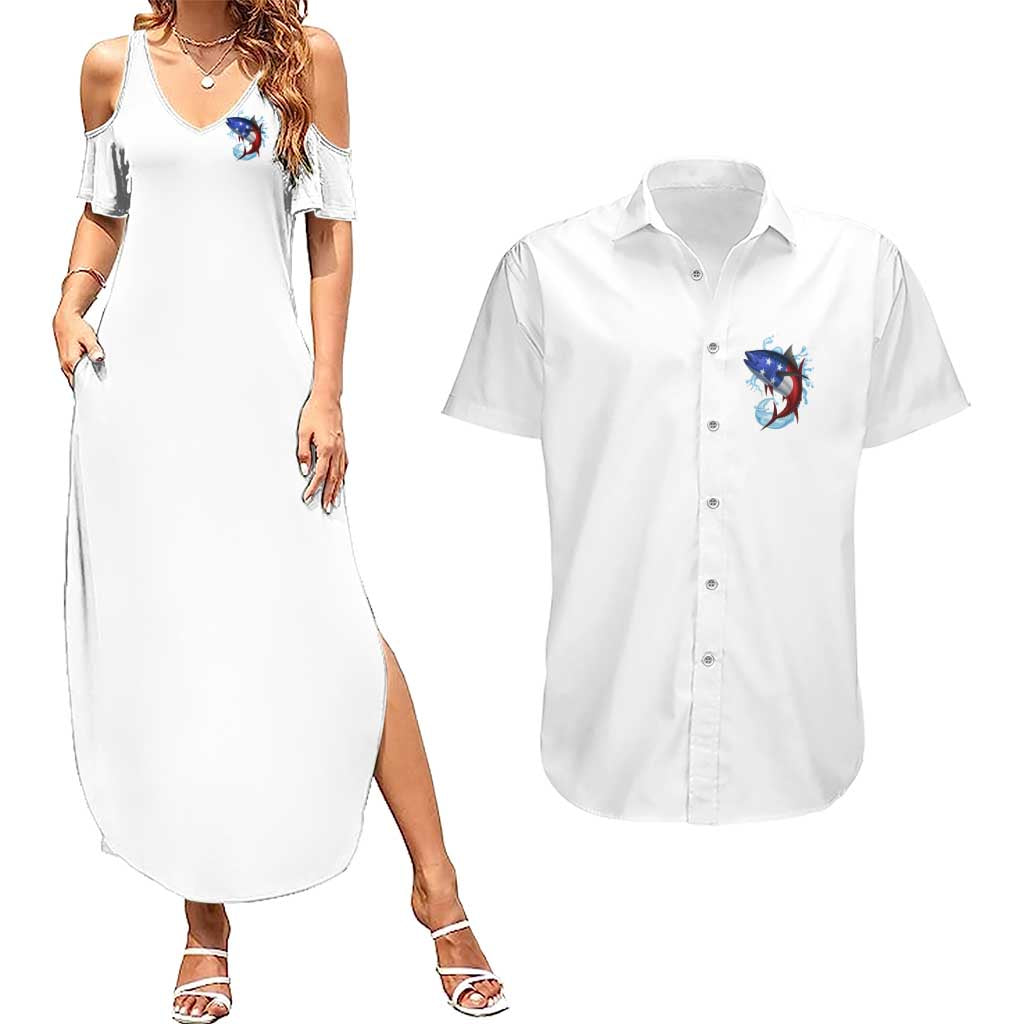 American Flag Tuna Fish Couples Matching Summer Maxi Dress and Hawaiian Shirt Custom Splashing Water on White and Black Contrast - Wonder Print Shop