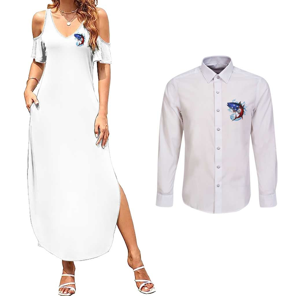 American Flag Tuna Fish Couples Matching Summer Maxi Dress and Long Sleeve Button Shirt Custom Splashing Water on White and Black Contrast - Wonder Print Shop