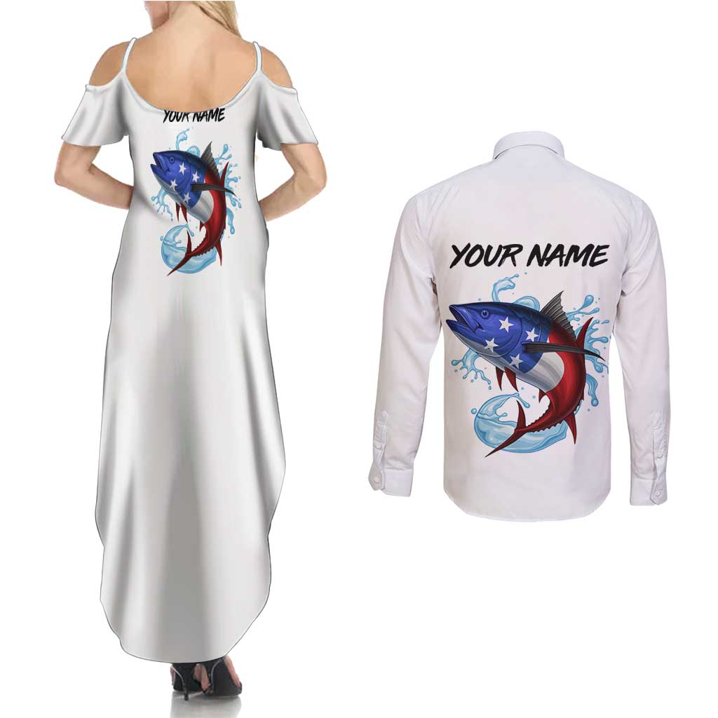 American Flag Tuna Fish Couples Matching Summer Maxi Dress and Long Sleeve Button Shirt Custom Splashing Water on White and Black Contrast - Wonder Print Shop