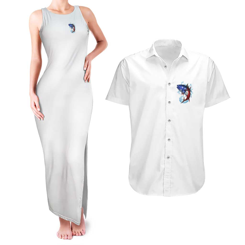 American Flag Tuna Fish Couples Matching Tank Maxi Dress and Hawaiian Shirt Custom Splashing Water on White and Black Contrast - Wonder Print Shop