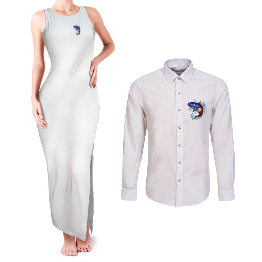 American Flag Tuna Fish Couples Matching Tank Maxi Dress and Long Sleeve Button Shirt Custom Splashing Water on White and Black Contrast - Wonder Print Shop