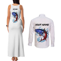 American Flag Tuna Fish Couples Matching Tank Maxi Dress and Long Sleeve Button Shirt Custom Splashing Water on White and Black Contrast - Wonder Print Shop