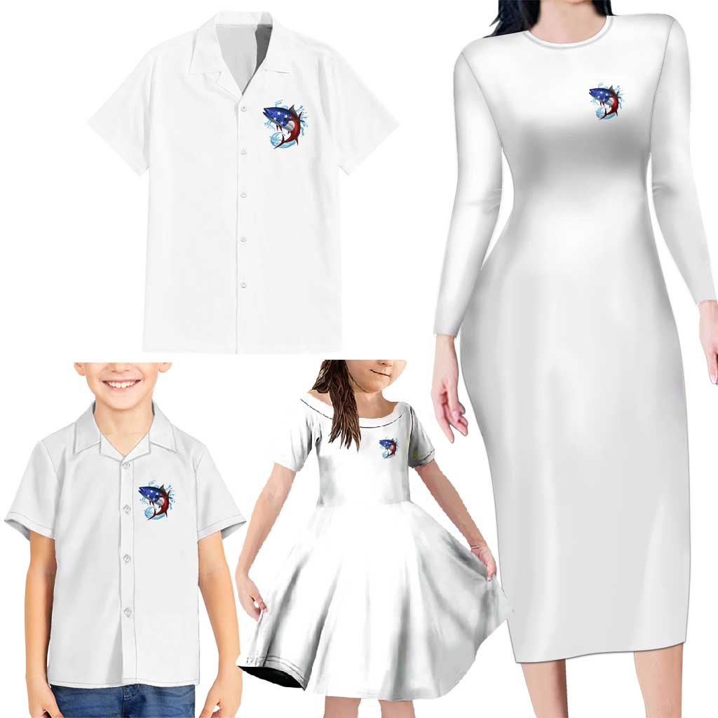 American Flag Tuna Fish Family Matching Long Sleeve Bodycon Dress and Hawaiian Shirt Custom Splashing Water on White and Black Contrast - Wonder Print Shop