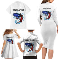 American Flag Tuna Fish Family Matching Long Sleeve Bodycon Dress and Hawaiian Shirt Custom Splashing Water on White and Black Contrast - Wonder Print Shop