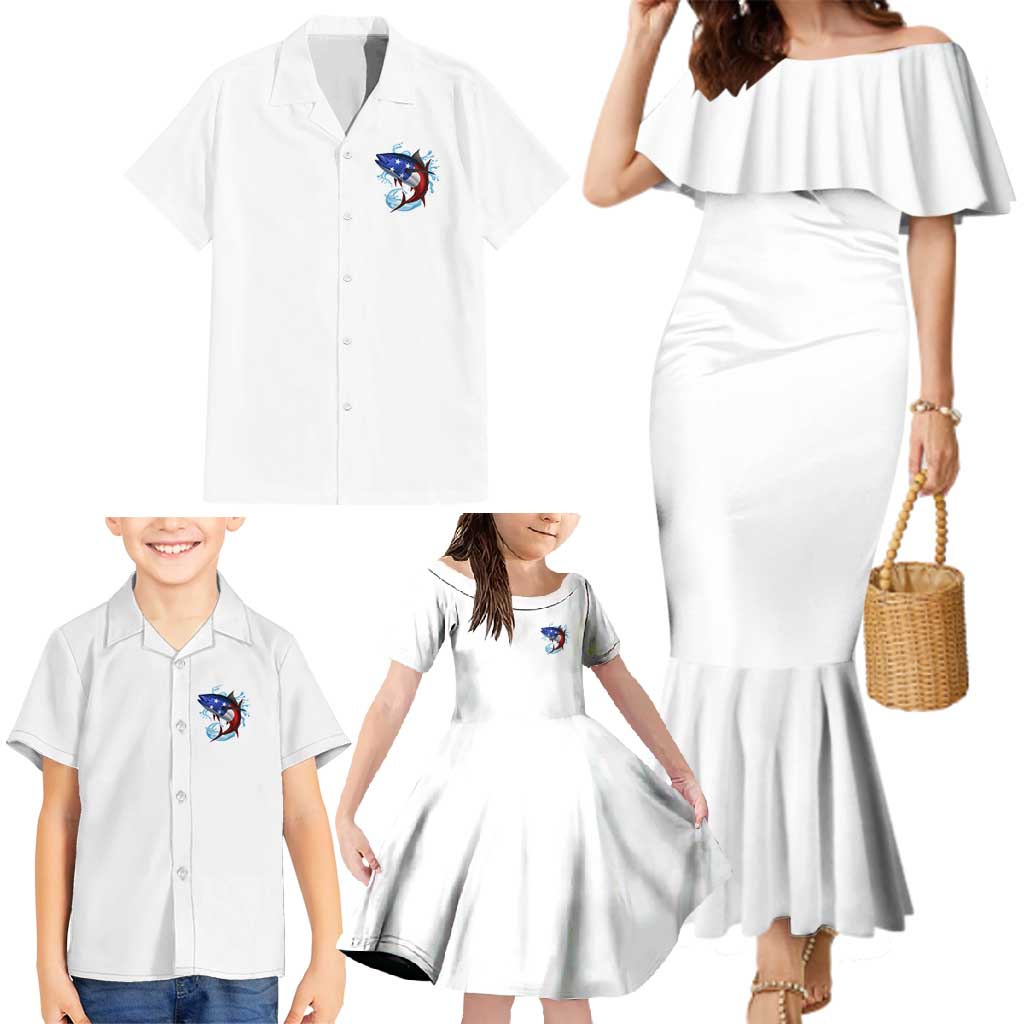 American Flag Tuna Fish Family Matching Mermaid Dress and Hawaiian Shirt Custom Splashing Water on White and Black Contrast - Wonder Print Shop