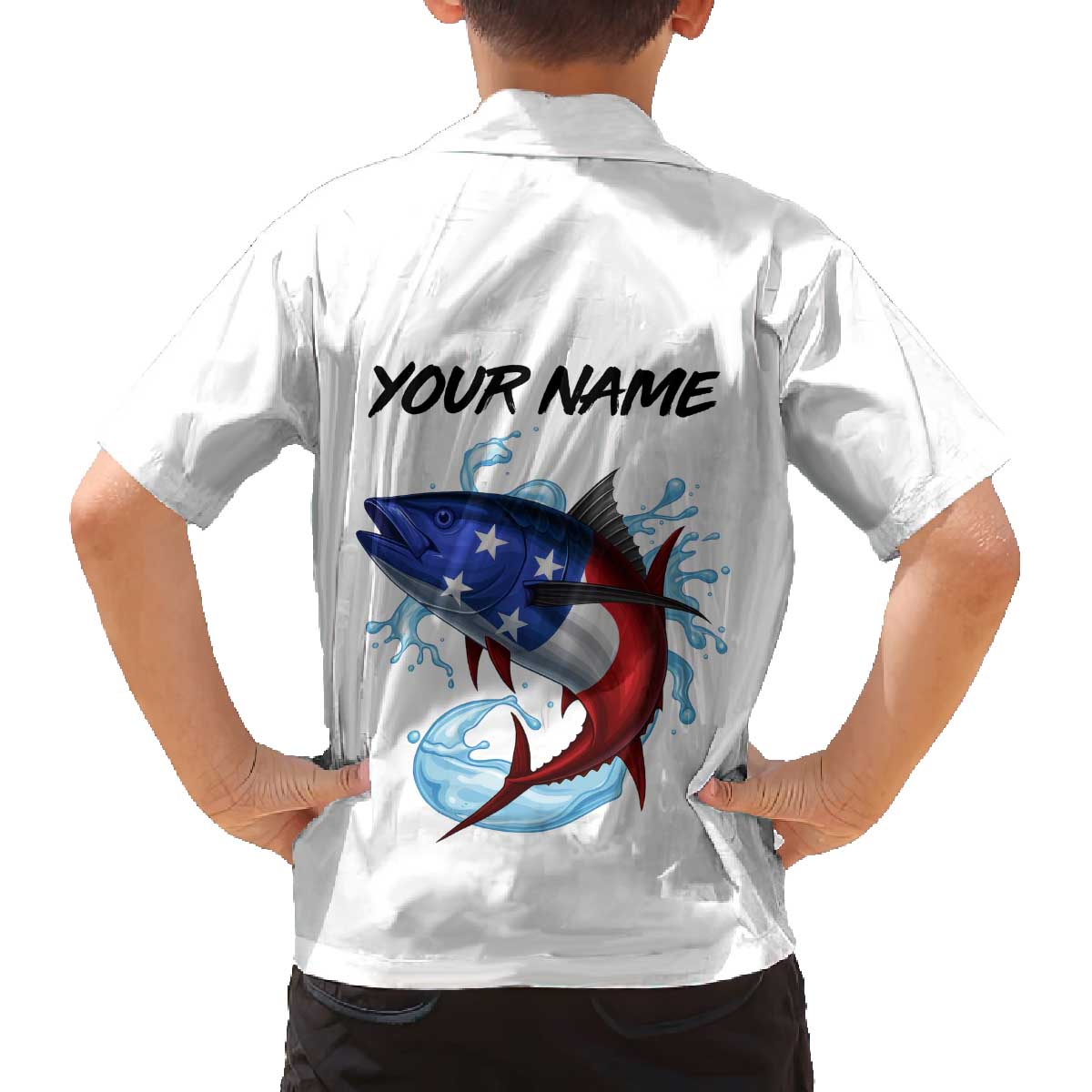 American Flag Tuna Fish Family Matching Off The Shoulder Long Sleeve Dress and Hawaiian Shirt Custom Splashing Water on White and Black Contrast - Wonder Print Shop