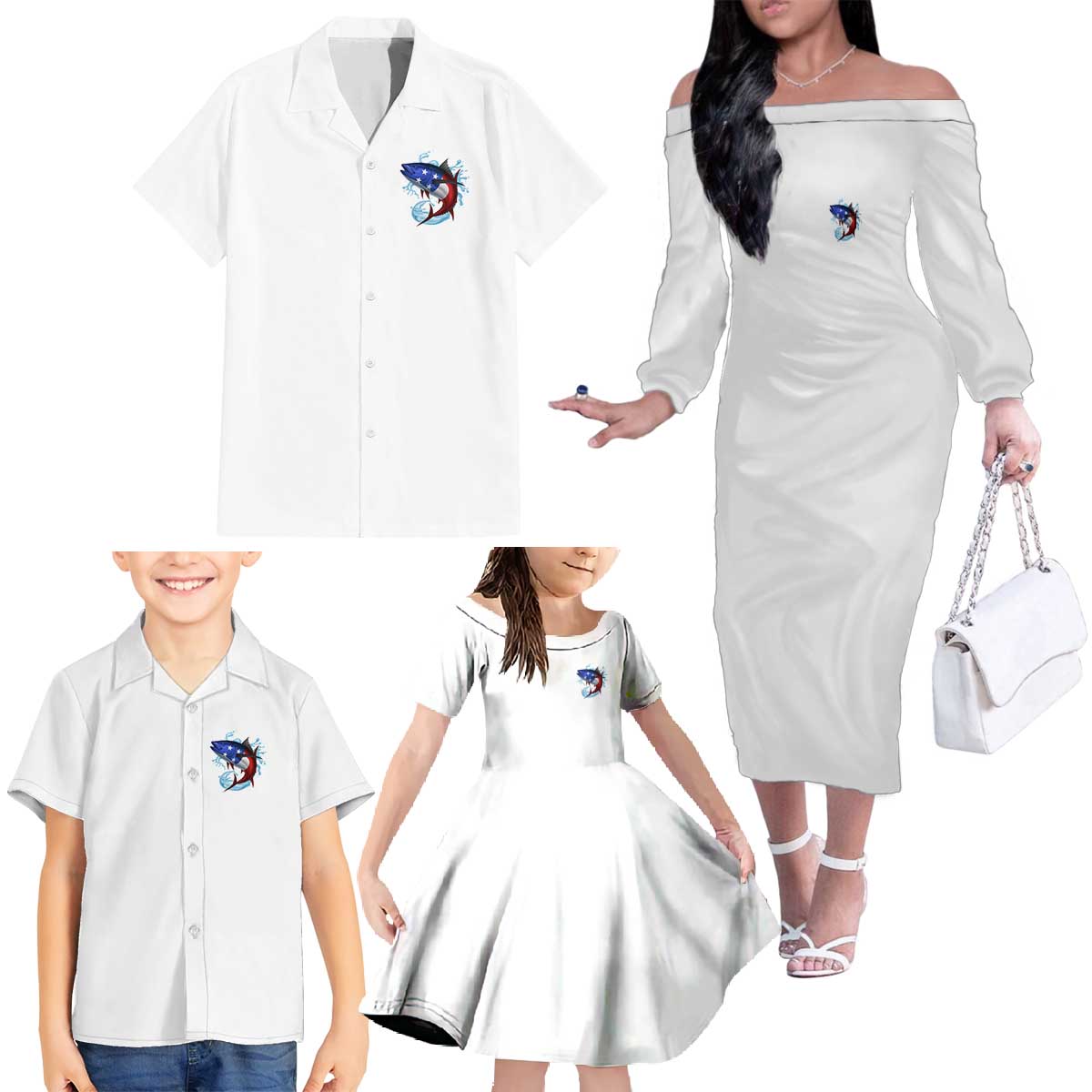 American Flag Tuna Fish Family Matching Off The Shoulder Long Sleeve Dress and Hawaiian Shirt Custom Splashing Water on White and Black Contrast - Wonder Print Shop