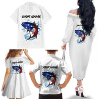 American Flag Tuna Fish Family Matching Off The Shoulder Long Sleeve Dress and Hawaiian Shirt Custom Splashing Water on White and Black Contrast - Wonder Print Shop