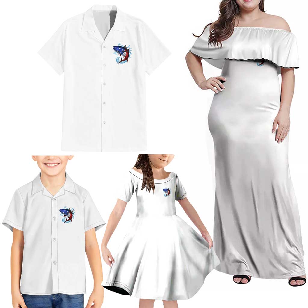 American Flag Tuna Fish Family Matching Off Shoulder Maxi Dress and Hawaiian Shirt Custom Splashing Water on White and Black Contrast - Wonder Print Shop