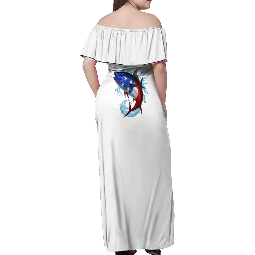 American Flag Tuna Fish Family Matching Off Shoulder Maxi Dress and Hawaiian Shirt Custom Splashing Water on White and Black Contrast - Wonder Print Shop