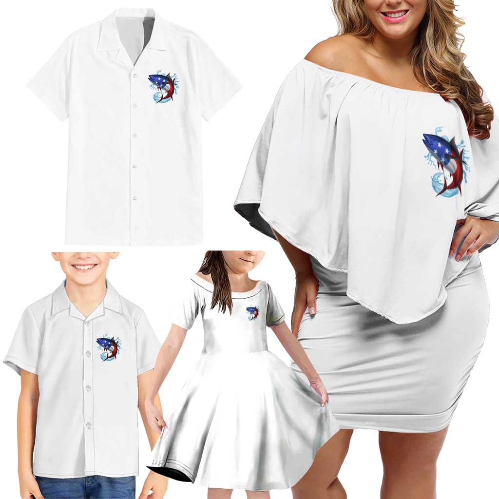 American Flag Tuna Fish Family Matching Off Shoulder Short Dress and Hawaiian Shirt Custom Splashing Water on White and Black Contrast - Wonder Print Shop