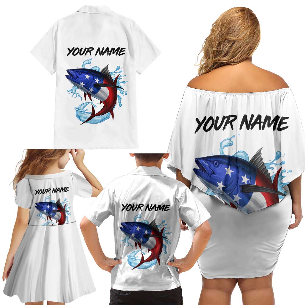 American Flag Tuna Fish Family Matching Off Shoulder Short Dress and Hawaiian Shirt Custom Splashing Water on White and Black Contrast - Wonder Print Shop