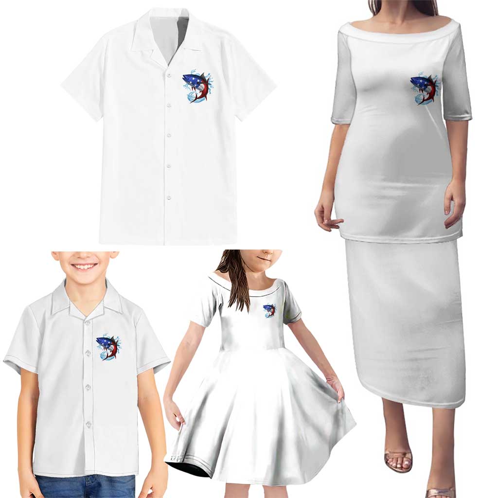 American Flag Tuna Fish Family Matching Puletasi and Hawaiian Shirt Custom Splashing Water on White and Black Contrast - Wonder Print Shop