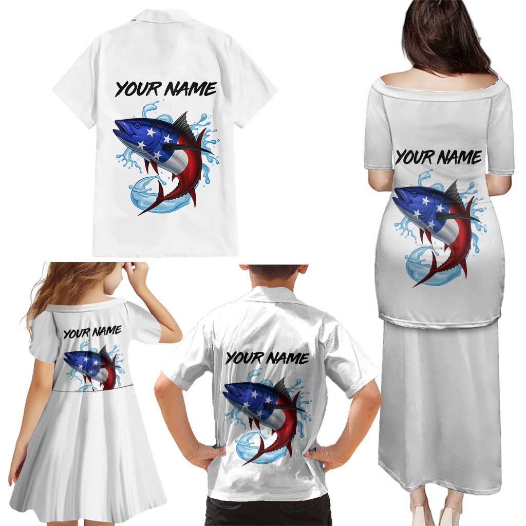 American Flag Tuna Fish Family Matching Puletasi and Hawaiian Shirt Custom Splashing Water on White and Black Contrast - Wonder Print Shop