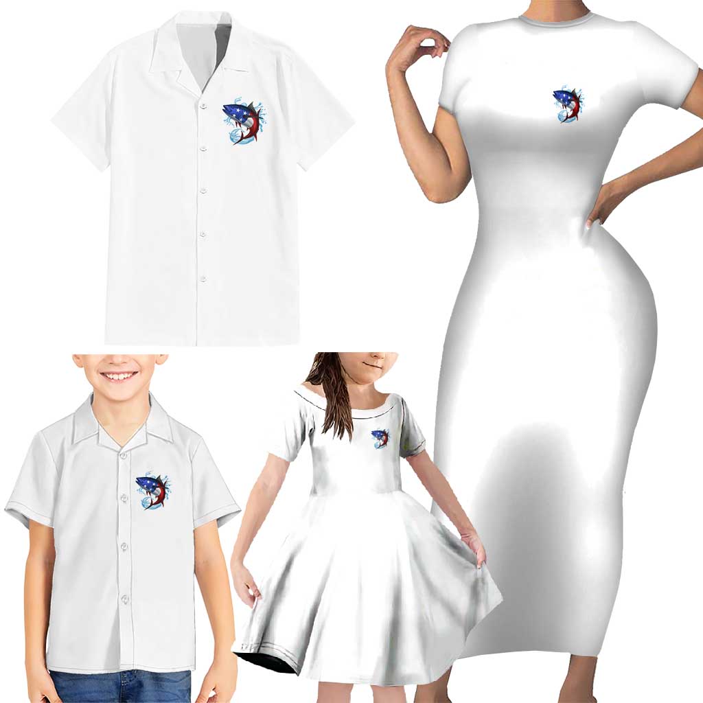 American Flag Tuna Fish Family Matching Short Sleeve Bodycon Dress and Hawaiian Shirt Custom Splashing Water on White and Black Contrast - Wonder Print Shop