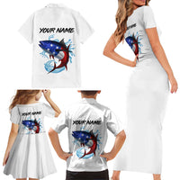 American Flag Tuna Fish Family Matching Short Sleeve Bodycon Dress and Hawaiian Shirt Custom Splashing Water on White and Black Contrast - Wonder Print Shop