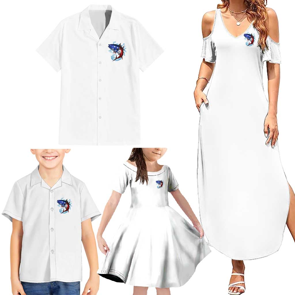 American Flag Tuna Fish Family Matching Summer Maxi Dress and Hawaiian Shirt Custom Splashing Water on White and Black Contrast - Wonder Print Shop