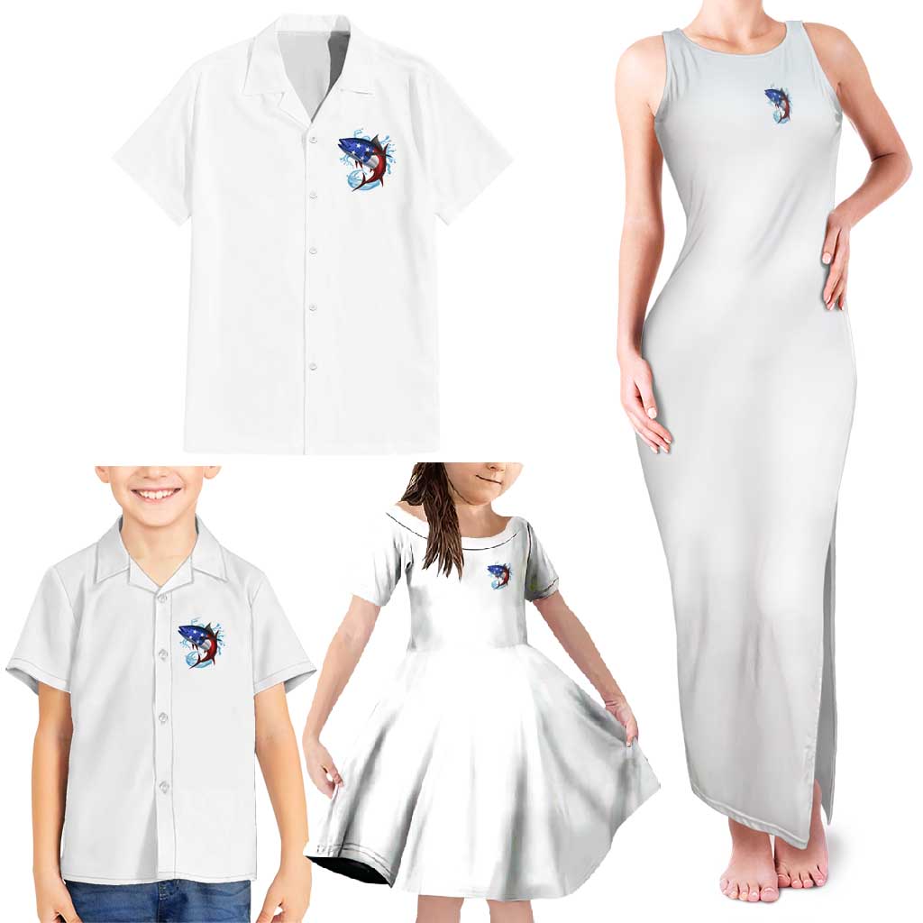 American Flag Tuna Fish Family Matching Tank Maxi Dress and Hawaiian Shirt Custom Splashing Water on White and Black Contrast - Wonder Print Shop
