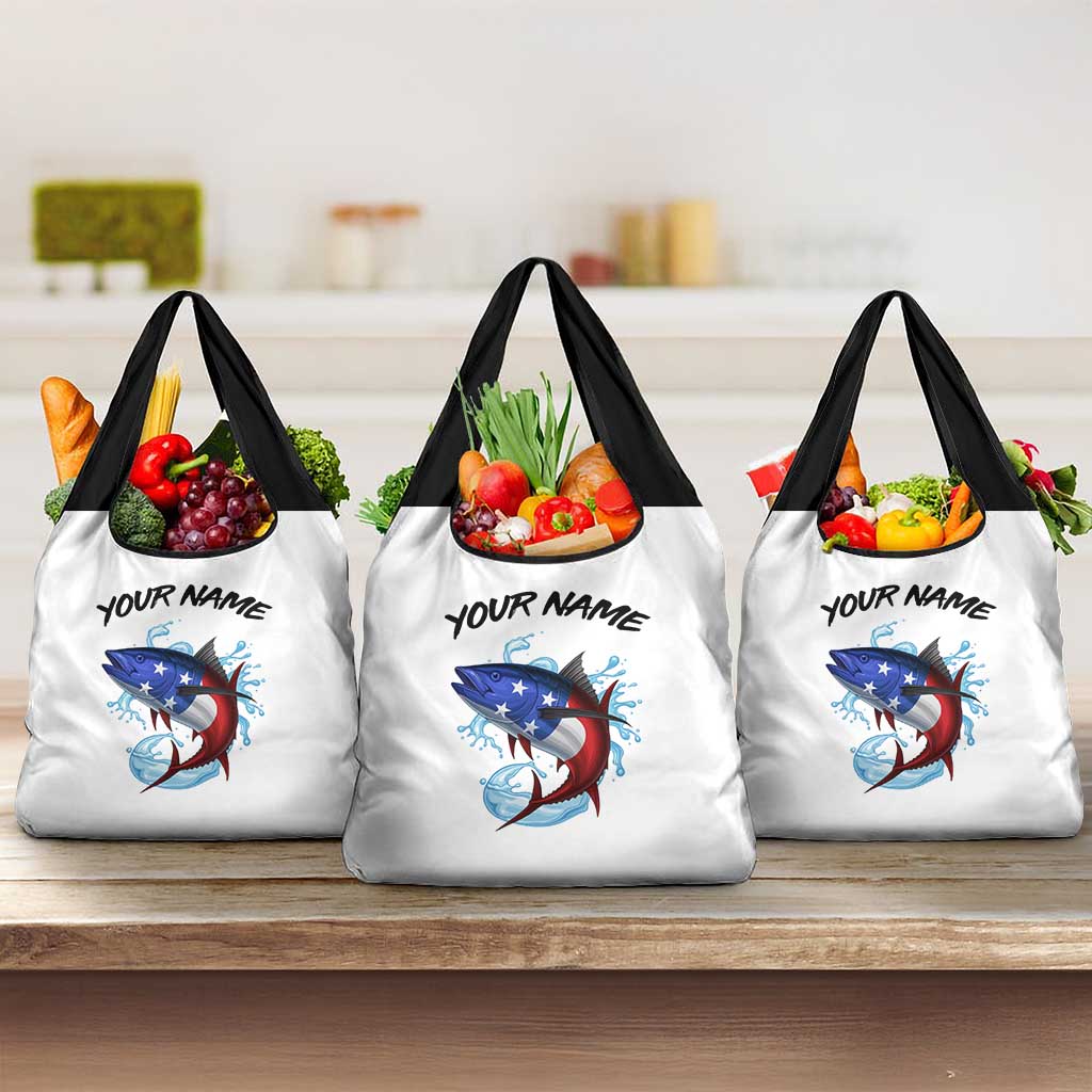 American Flag Tuna Fish Grocery Bag Custom Splashing Water on White and Black Contrast - Wonder Print Shop