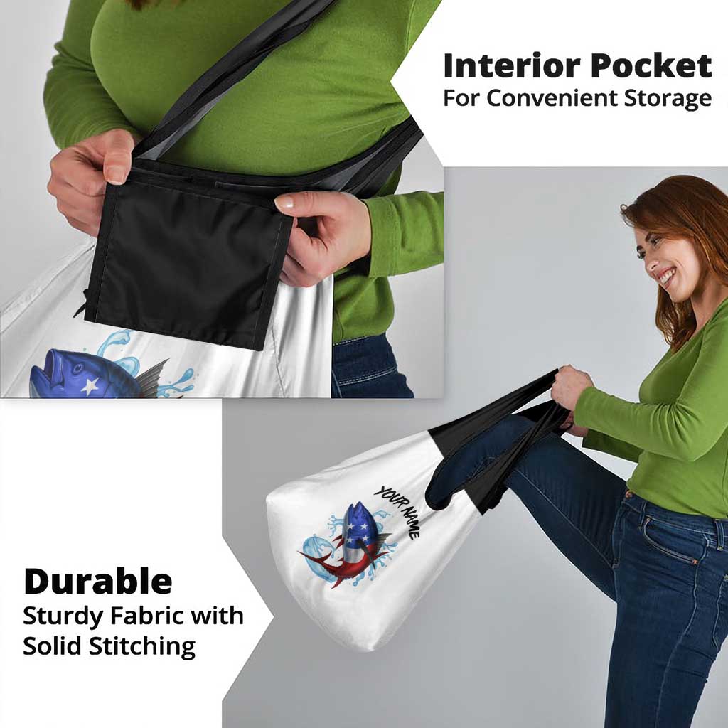 American Flag Tuna Fish Grocery Bag Custom Splashing Water on White and Black Contrast - Wonder Print Shop