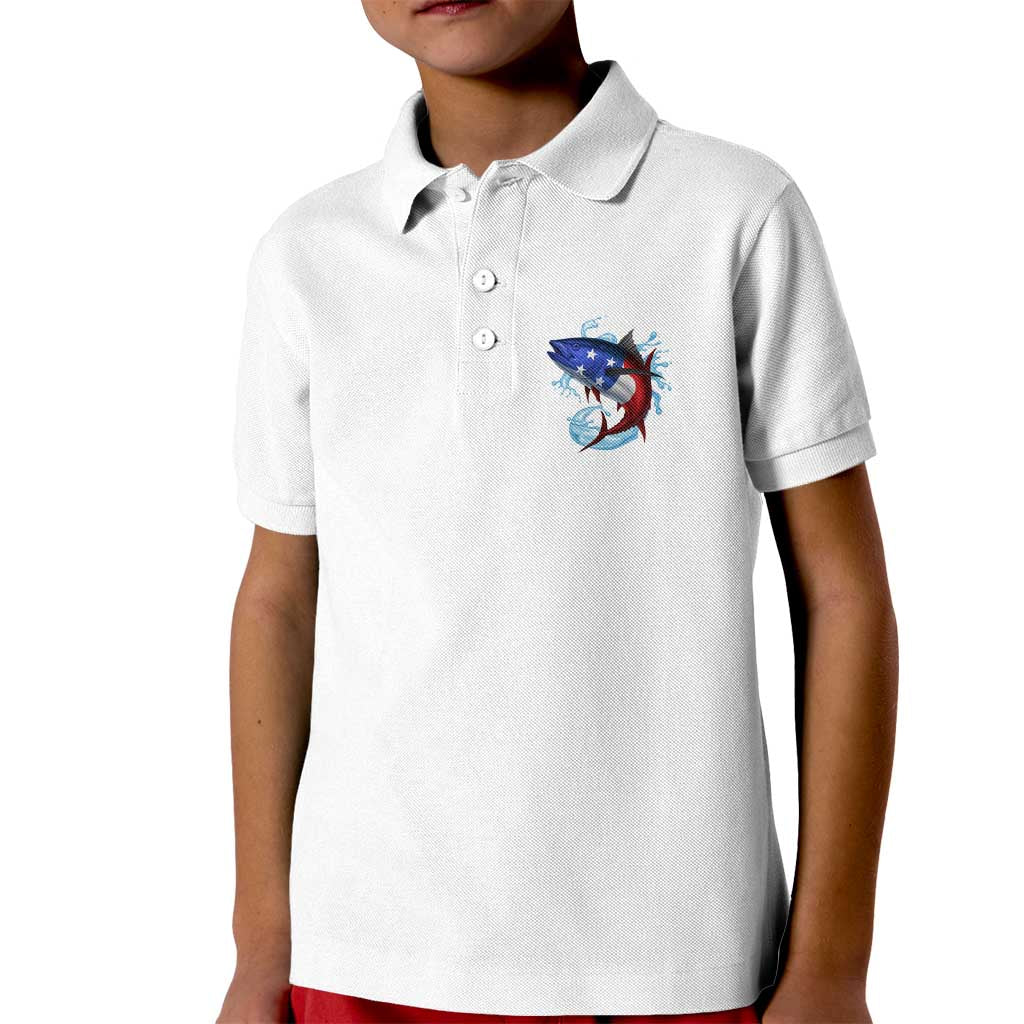 American Flag Tuna Fish Kid Polo Shirt Custom Splashing Water on White and Black Contrast - Wonder Print Shop