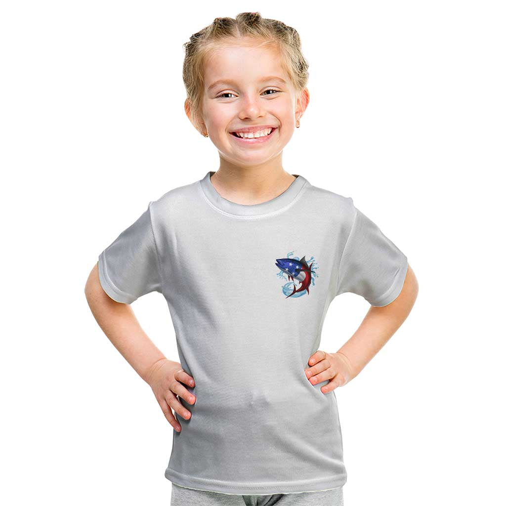 American Flag Tuna Fish Kid T Shirt Custom Splashing Water on White and Black Contrast - Wonder Print Shop