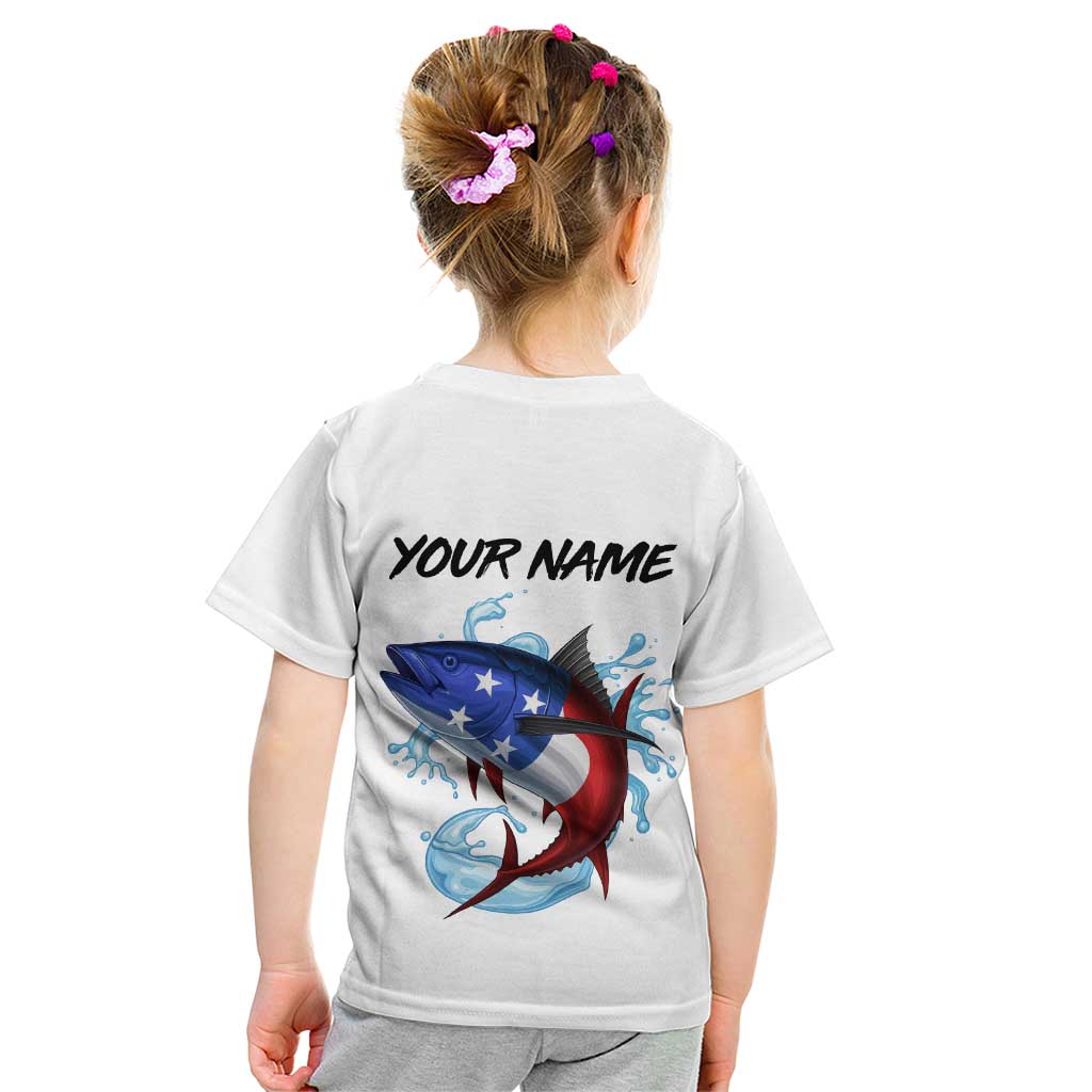 American Flag Tuna Fish Kid T Shirt Custom Splashing Water on White and Black Contrast - Wonder Print Shop