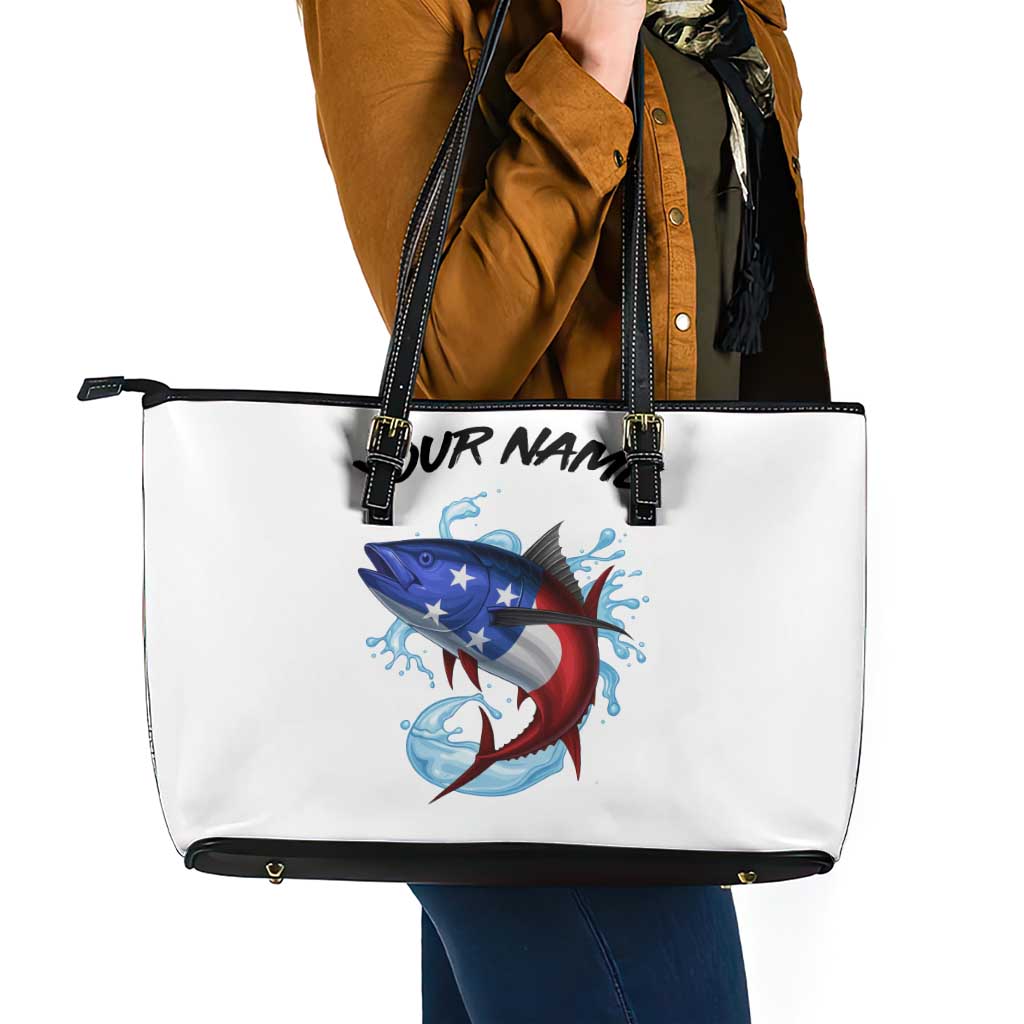 American Flag Tuna Fish Leather Tote Bag Custom Splashing Water on White and Black Contrast - Wonder Print Shop