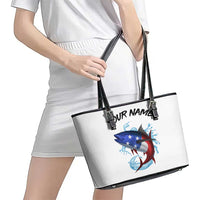 American Flag Tuna Fish Leather Tote Bag Custom Splashing Water on White and Black Contrast - Wonder Print Shop