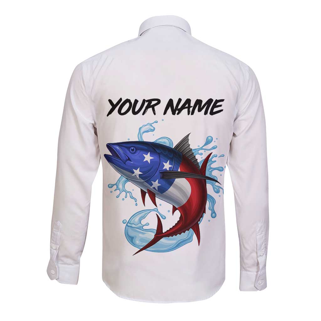 American Flag Tuna Fish Long Sleeve Button Shirt Custom Splashing Water on White and Black Contrast - Wonder Print Shop