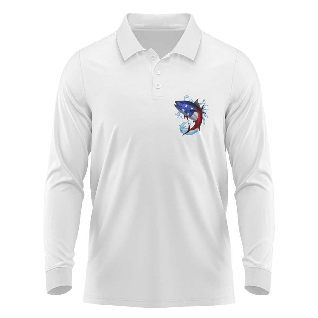 American Flag Tuna Fish Long Sleeve Polo Shirt Custom Splashing Water on White and Black Contrast - Wonder Print Shop