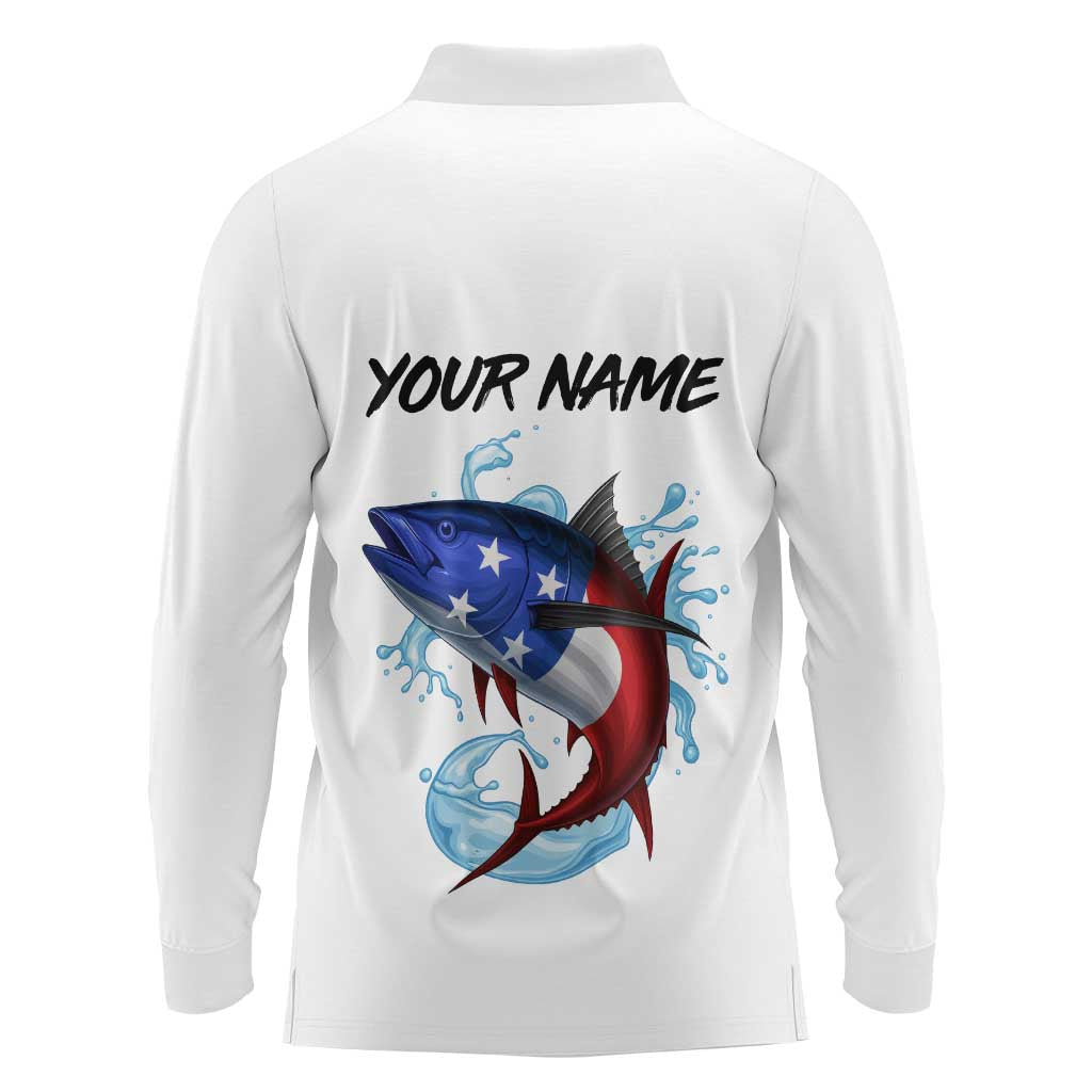 American Flag Tuna Fish Long Sleeve Polo Shirt Custom Splashing Water on White and Black Contrast - Wonder Print Shop