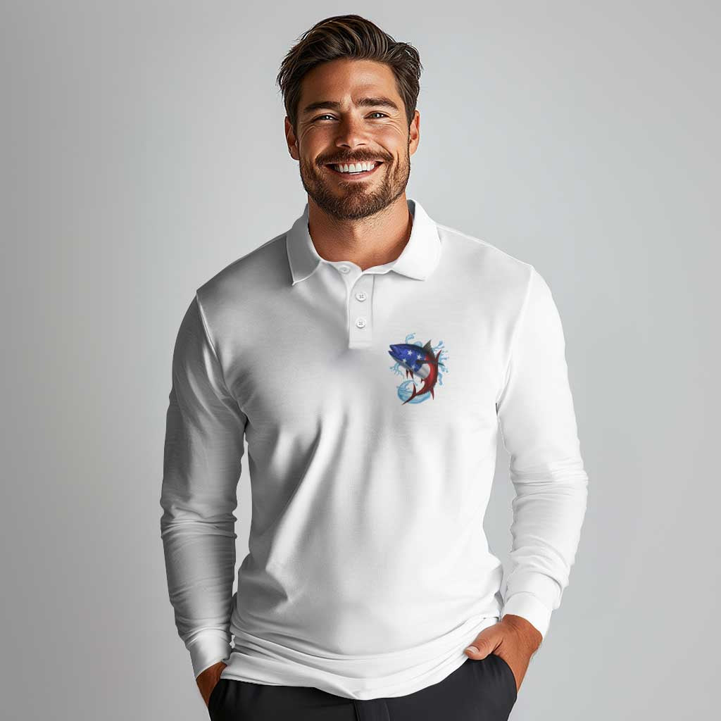 American Flag Tuna Fish Long Sleeve Polo Shirt Custom Splashing Water on White and Black Contrast - Wonder Print Shop
