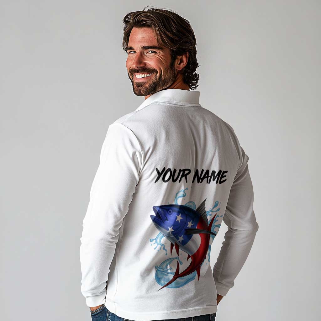 American Flag Tuna Fish Long Sleeve Polo Shirt Custom Splashing Water on White and Black Contrast - Wonder Print Shop