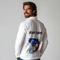 American Flag Tuna Fish Long Sleeve Polo Shirt Custom Splashing Water on White and Black Contrast - Wonder Print Shop