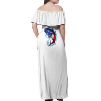 American Flag Tuna Fish Off Shoulder Maxi Dress Custom Splashing Water on White and Black Contrast - Wonder Print Shop