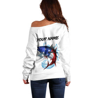 American Flag Tuna Fish Off Shoulder Sweater Custom Splashing Water on White and Black Contrast - Wonder Print Shop