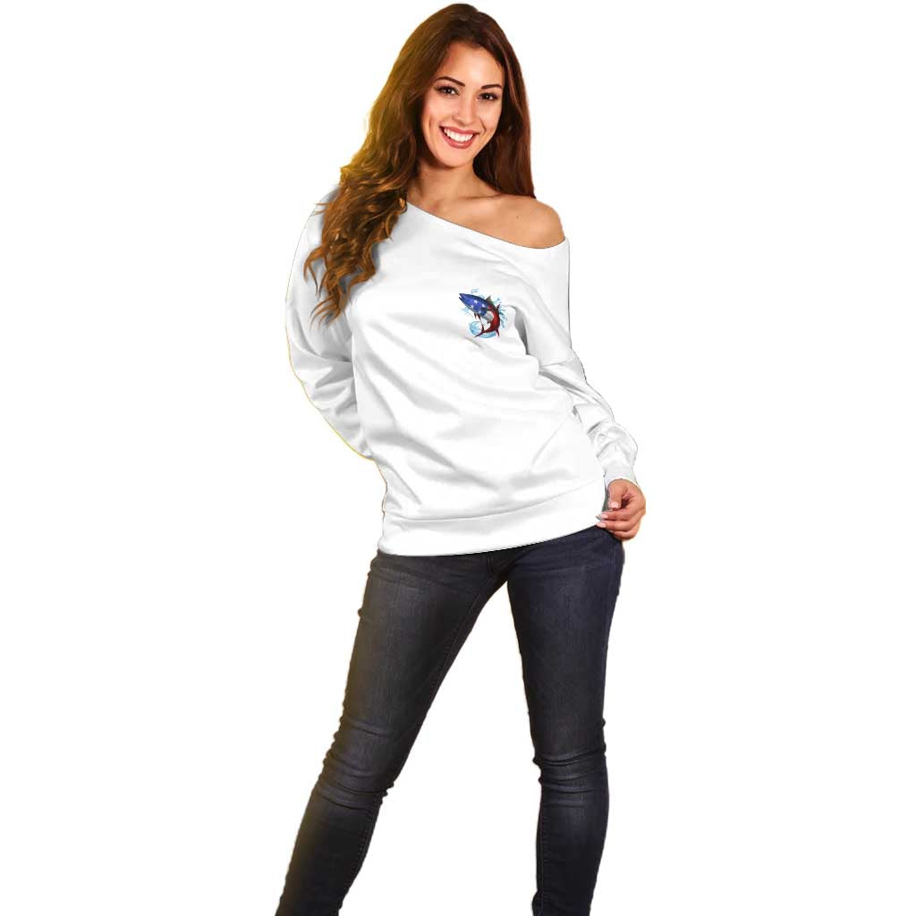 American Flag Tuna Fish Off Shoulder Sweater Custom Splashing Water on White and Black Contrast - Wonder Print Shop